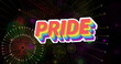 Image of pride rainbow text and fireworks exploding on black background