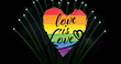 Image of pride rainbow love is love heart and fireworks exploding on black background