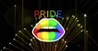 Image of pride rainbow text and lips with fireworks exploding on black background