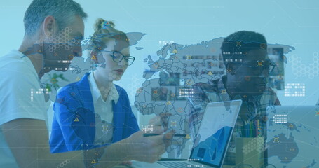 Poster - Image of geometric shapes on map and bars over diverse coworkers discussing reports on laptop