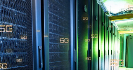Poster - 5g text repeated over computer server room