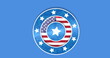 Image of white, blue and red circles with white stars and flag of usa on blue background