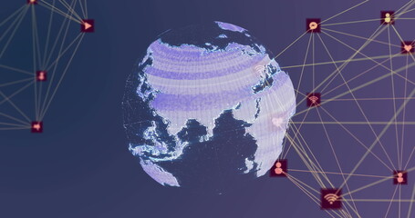 Poster - Image of network of digital icons over spinning globe against purple gradient background