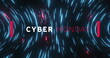 Image of cyber monday text banner over glowing light trails spinning against black background