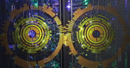 Poster - Image of two round scanners spinning against computer server room