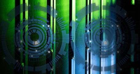Poster - Image of two round scanners spinning against computer server room