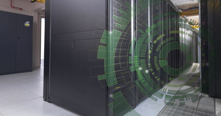 Poster - Image of round scanner spinning against computer server room