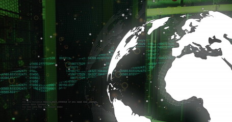 Poster - Image of security chain icon over spinning globe and data processing against server room