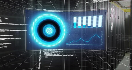Poster - Image of screens with data processing against computer server room