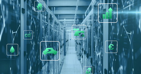 Poster - Image of eco icons and data processing over computer servers