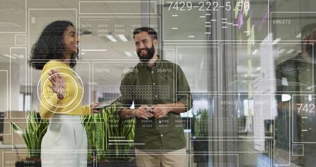 Poster - Image of financial data processing over diverse businesspeople in office