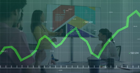 Poster - Image of financial data processing over diverse business people in office