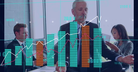 Poster - Image of financial data processing over diverse business people in office