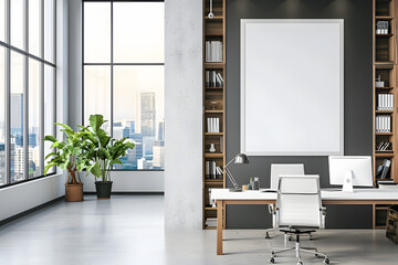 Wall Mural - Modern light office with blank mock up banner on wall, shelves or library interior with workplace, window and city view. 3D Rendering.