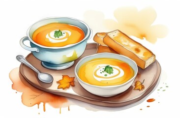 Wall Mural - Bowls with pumpkin puree soup in watercolor style