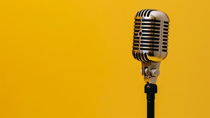 Retro microphone isolated on yellow background with copy space for text.