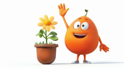 Poster - A cartoon orange fruit is standing next to a flower in a pot