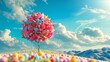 Magical candy tree in colorful fantasy landscape under blue skies