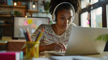 Wall Mural - Black Female Specialist is Writing Business Strategy, Using Digital Tablet to Take Notes in Creative Office Environment. Young Project Manager with Headphones Working on Laptop Computer