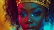 Enigmatic dark-skinned queen with glittery makeup and crown in vibrant hues
