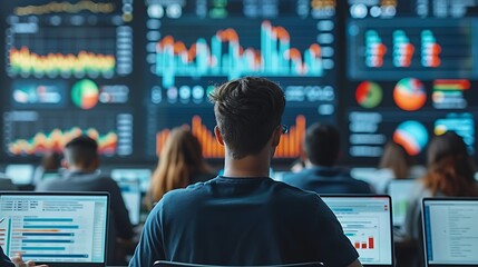 Wall Mural - A close-up view in a modern lecture hall, a finance tutor writing on a digital board displaying complex financial graphs, with students using laptops to follow along.