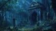 Crypt in the Woods. Dark and Mysterious Fantasy Background with Cemetery and Gravestones Illustration Artwork