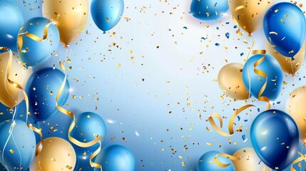 festive background with golden and blue balloons confetti and ribbons holiday celebration