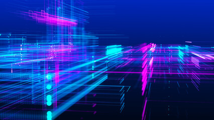 Poster - Abstract techno background. Three-dimensional composition of intersecting multi-colored grids. Information technology concept. Digital cyberspace with particles. 3d rendering.