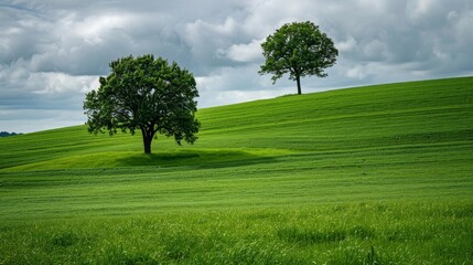 Two trees are standing in a grassy field