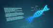 Image of data processing with dna strand and chemical formula on blue background