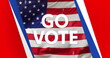 Image of go vote text and american flag with happy diverse friends celebrating and waving flags