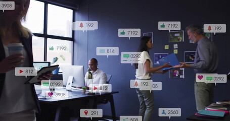 Poster - Image of changing numbers, icons in notification bars over diverse coworkers discussing reports