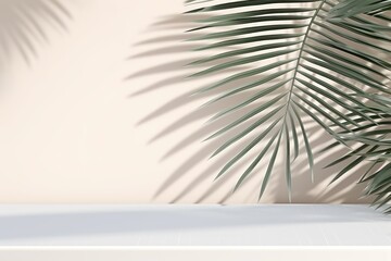 Wall Mural - Silver background with palm leaf shadow and white wooden table for product display, summer concept. Vector illustration