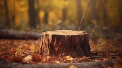 Wall Mural - Scenic autumn forest background with stump like a minimal product podium display with copy space. Beautiful outdoor backdrop.