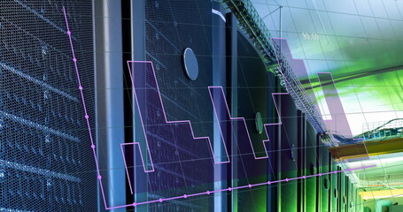 Poster - Image of graph and changing numbers over data server racks in server room