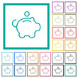 Piggy bank with coin outline flat color icons with quadrant frames