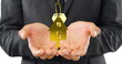 Image of golden house keys and house shaped key fob spinning over cupped hands of a Caucasian man 4k