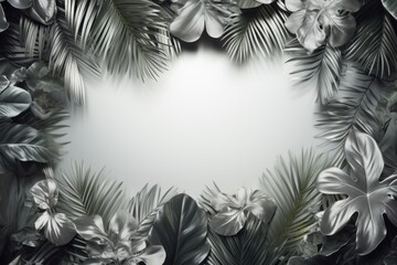 Wall Mural - Silver frame background, tropical leaves and plants around the silver rectangle in the middle of the photo with space for text