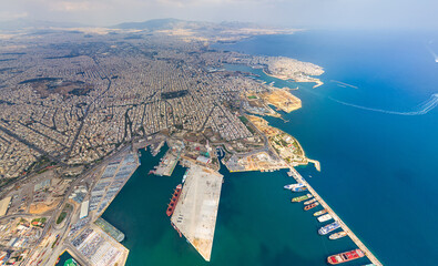 Sticker - Athens, Greece. Port and city panorama. Summer. Aerial view