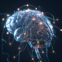 Poster - Conceptual art of a glowing brain neural network with interconnected nodes and light trails on a dark background.
