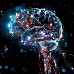 Poster - Conceptual art of a glowing brain neural network with interconnected nodes and light trails on a dark background.