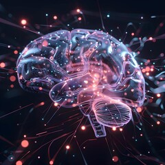 Poster - Conceptual art of a glowing brain neural network with interconnected nodes and light trails on a dark background.