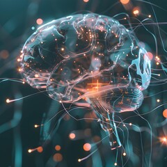 Poster - Conceptual art of a glowing brain neural network with interconnected nodes and light trails on a dark background.