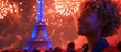 A woman with curly hair is smiling in front of the Eiffel Tower. The fireworks in the background create a festive atmosphere