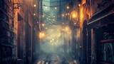 Fototapeta Londyn - Atmospheric alley illuminated by warm lights and mist, evoking a sense of mystery.