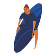 Young man in wetsuit surfing on surfboard cute cartoon character illustration. Hand drawn flat style design, isolated vector. Summer holidays, vacations, outdoors, beach activity, seasonal element