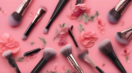 make-up brushes in holder and cosmetics isolated on white generated ai