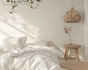 Wall Mural - Modern Interior Wall. Cozy White Bedroom with Natural Wooden Tables in Scandinavian Style