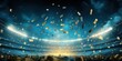 Sky Blue background, lights and golden confetti on the sky blue background, football stadium with spotlights, banner for sports events