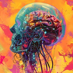Poster - An explosion of color frames a detailed artistic interpretation of the human brain's anatomy and connections.